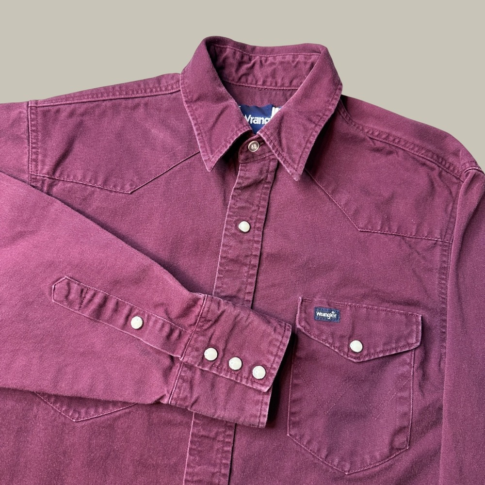 Wrangler Shirt Mens Medium Western Burgundy Pearl Snap Button Down Cotton GOOD